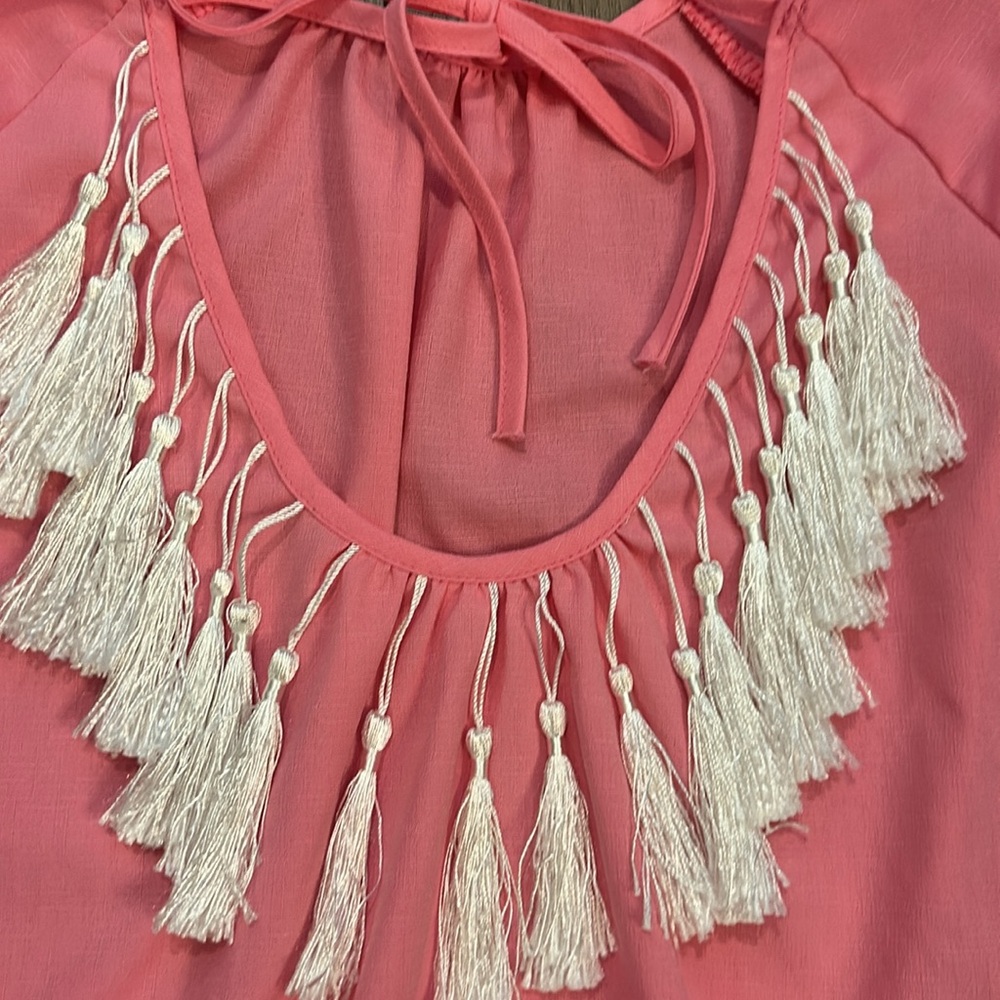 Pink Mini Dress Beach/Swim Coverup w/White Tassel Back Detail - Ruffle Hem Large - Picture 2 of 6